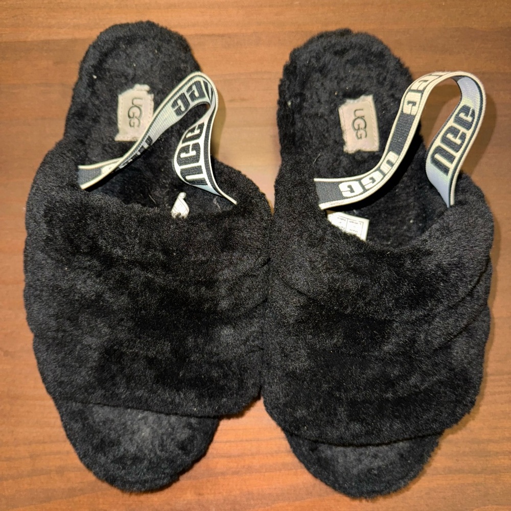 UGG Black Fuzzy Slippers